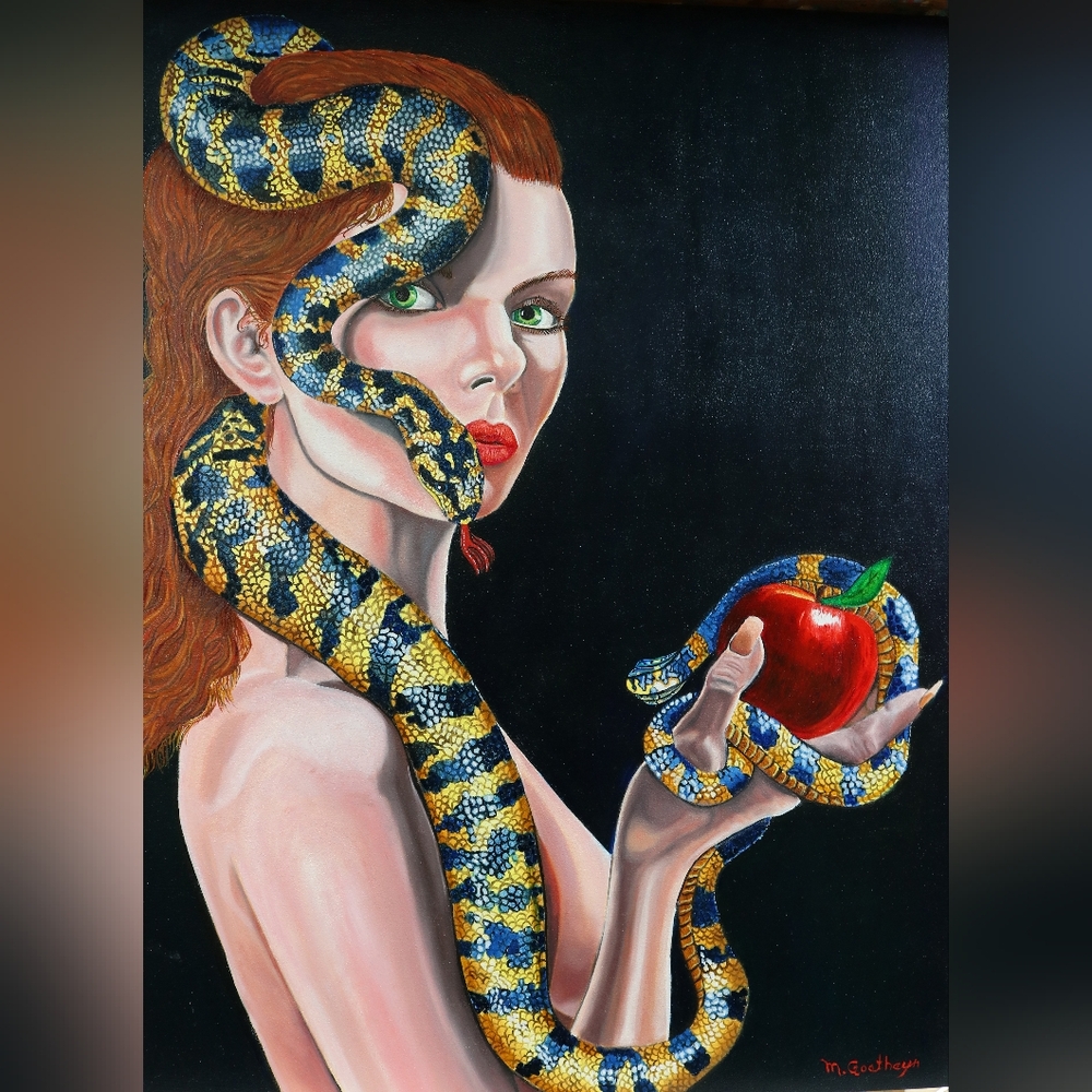"Trust Me" Eve Preparing To Indulge In Apple Art Print On Wood